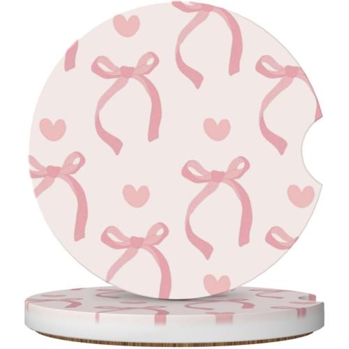 Pink Bow Love Heart Car Cup Holder Coaster 2 Pack Absorbent Ceramic Car Coasters for Cup Holders Car Accessories Interior for Women Men Universal Anti Slip Cork Base Cup Coasters with Finger Notch