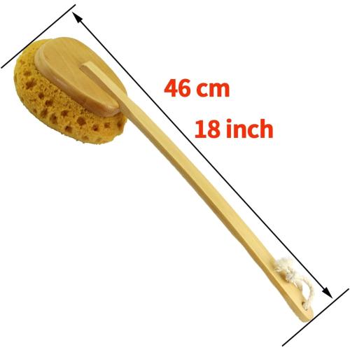 18'' Shower Body Brush Sea Sponge Long Wooden Handle Back Scrubber Bath Brush Gentle Exfoliating Lotion Applicator