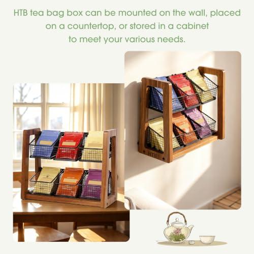HTB 2 Tier Tea Organizer for Tea Bags with 6 Removable Metal Baskets | Acacia Wood Tea Bag Holder for Sugar Packets, Sweeteners, Creamers,Tea Bag Box Caddy for Cabinet, Counter,Office Wall-mounted