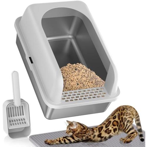 Suzzipaws Stainless Steel Litter Box with Lid, Metal Litter Box with Cat Litter Mat,Extra Large Enclosed Cat Litter Boxes for Multiple Cats, Anti-Leakage,Non-Stick, Easy to Clean, Included Mat, Scoop