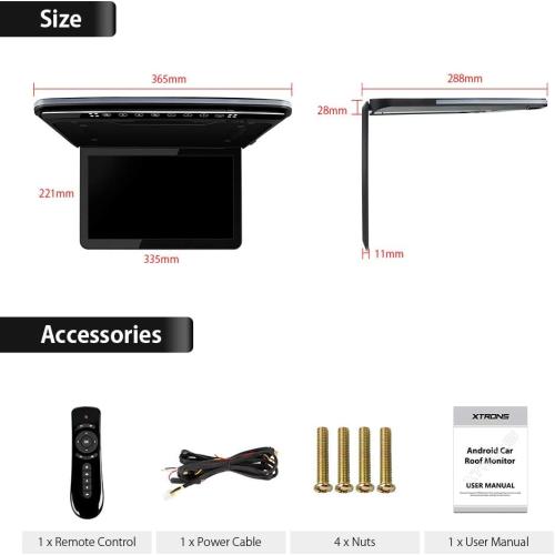 XTRONS Android Car Overhead Player 13.3 Inch Wide IPS Screen Car Roof Mount Monitor with Built-in Stereo Speakers Flip Down Overhead Car Monitor Support 8K Video, Bluetooth, WiFi, HDMI, USB, IR