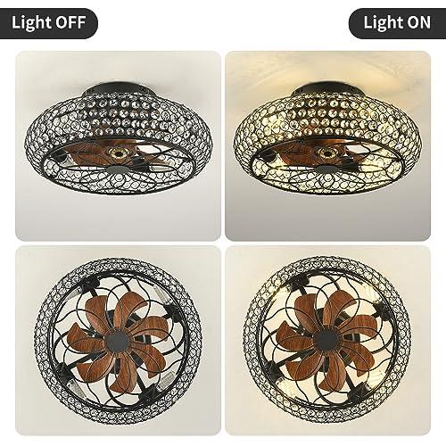 Caged Crystal Ceiling Fans with Lights and Remote,18.8 Flush Mount Low Profile Ceiling Fan with Light,6 Speed Enclosed Ceiling Fan with Reversible Motor for Bedroom Kitchen Living Room