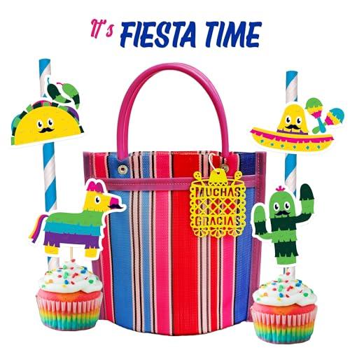 12 Mini Mercado Bags For Fiesta Mexicana Party Favors & Mexican Papel Picado Gift Tags