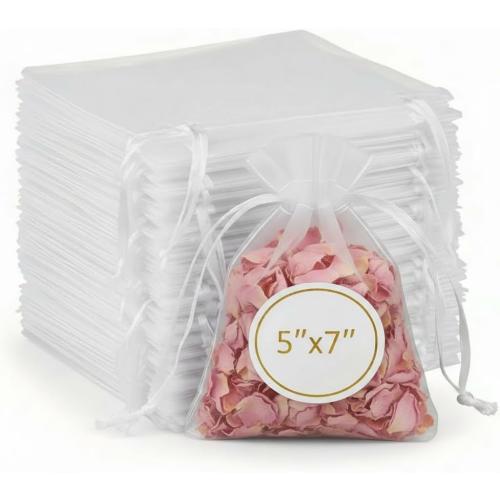 Sukh 100pcs Organza Bags 5''x7'' - White Sheer Mesh Drawstring Bags for Jewelry, Soap, Fruits, Candy, Small Gift Bags for Weddings, Valentine's Day, Mother's Day, Halloween, Thanksgiving, Christmas