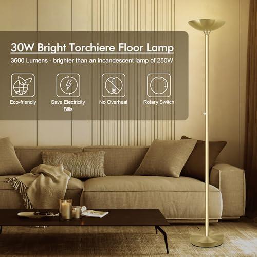 30W Torchiere Floor Lamp - 3600LM Super Bright LED Floor Lamp, 71 Inch Stepless Dimmable Standing Lamp with 3000K Lighting, Rotary Switch, Tall Metal Torch Floor lamps for Living Room/Bedroom (Gold)