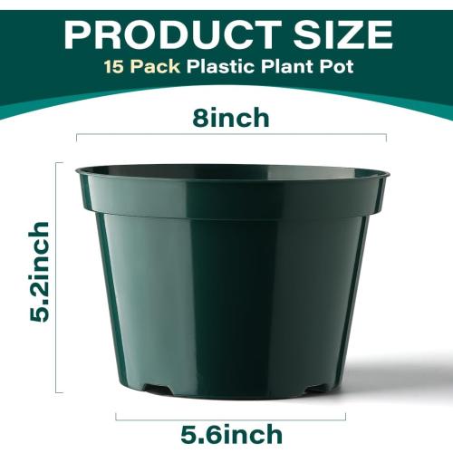 8 Inch Plastic Plant Pots, 15 Pack Sturdy Nursery Pots with Drainage Holes, Flower Planter Pots for Indoor Outdoor, Garden Containers Sets for Vegetable Herbs Flowers, Green