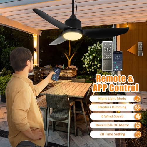 Depuley Outdoor Ceiling Fan with Light: 42 Inch Black Waterproof Gazebo Fans with Lights Outdoor Hanging - Plug in Remote App Control for Patio Indoor Farmhouse Porch - 6 Speed Reversible DC Motor