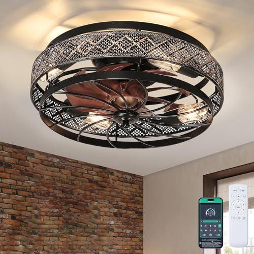 Low Profile Caged Ceiling Fans with Lights and Remote, Flush Mount Ceiling Fan with Light, Bedroom Fan, Small Industrial Black Ceiling Light Fixture, Reversible(Bulbs not Included)