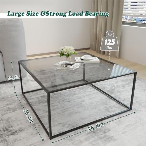Size26.4 x 26.4 x 15.7 Inches  Color Black Glass Coffee Tables for Living Room Square Modern Center Table for Small Space,Tempered Glass-top with Sturdy Metal Frame Sofa Side End Table, Easy Assembly,26.4 x 26.4 x 15.7 Inches, Gray Black