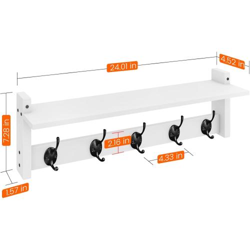 Homode Coat Rack with Wall Shelf and Hooks - 24 Inch Long, Wooden Hanging Coat Hanger with Hat Shelf for Entryway, Bathroom, Mudroom, White