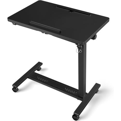 Black Adjustable Overbed Bedside Table, Hospital Bed Table with Wheels, Portable Rolling Desk, Mobile Small Standing Desk, Rolling Laptop Stand, Computer Cart