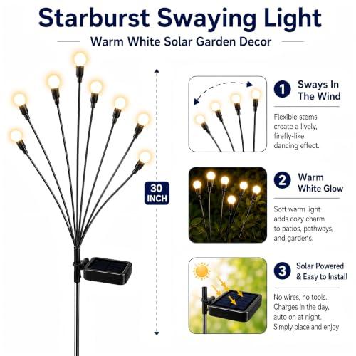 TONULAX Solar Garden Lights - Upgraded Solar Swaying Light, Sway by Wind, Outdoor Lights, Yard Patio Pathway Decoration, High Flexibility Iron Wire & Heavy Bulb Base, Warm White (4 Pack)