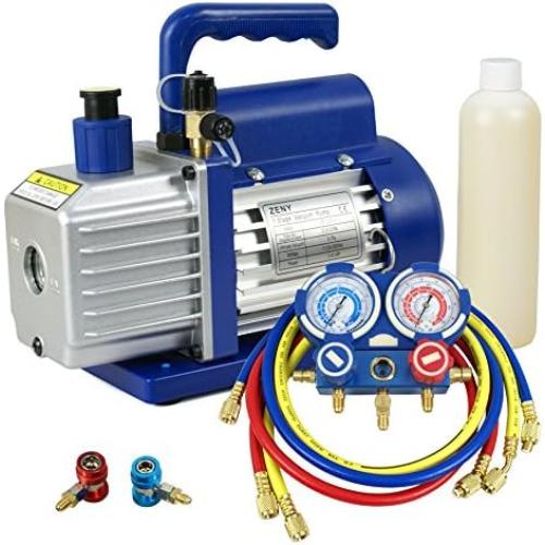 ZENY 3.5CFM Single-Stage Rotary Vane Vacuum Pump for HVAC/Auto AC Refrigerant Recharging w/ R134a AC A/C Manifold Gauge Set Combo