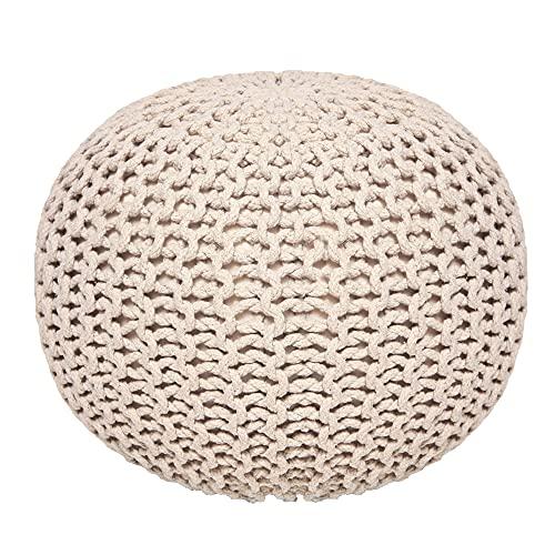 REDEARTH Round Pouf Ottoman - Cable Knitted Boho Poof - Home Décor Cord Pouffe Handmade Circular Footrest for Living Room - Bedroom - Kids Bedroom - 100% Cotton Pouf (18 x 18 x 14) - Ivory