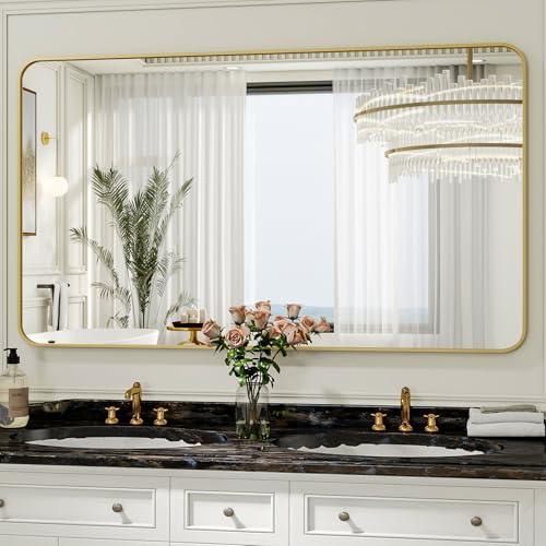 30 x 48 Inch Bathroom Mirror, Rounded Rectangular Vanity Mirror for Wall, Modern Mirror for Room Decor, Gold Framed Wall-Mounted Mirrors for Home Decor, Hangs Horizontally or Vertically