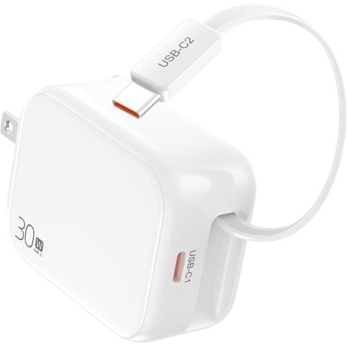 2-in-1 Retractable Wall Charger Plug with USB C Port and 27in/70cm Type C Cable,Travel Essentials 30W Fast Charging Foldable Block for iPhone 17/16/15,iPad,Galaxy,Pixel-White