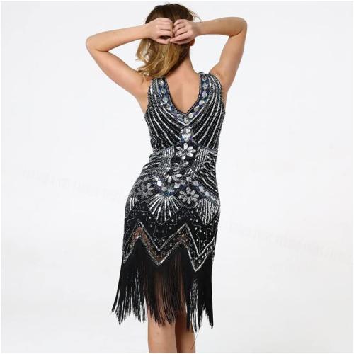 Whitewed. Size 10-12. Women Flapper Dress 1920S V Neck Sequin Beaded Fringed Vintage Art Theme Prom Party Dress