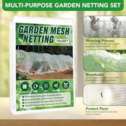 Garden Netting Kit for Raised Beds, 10x50FT Ultra Fine Mesh Netting ＆6 Sets Fiberglass Garden Hoops, Insect Netting for Garden Plant Row Cover Vegetable Flowers Protection Barrier