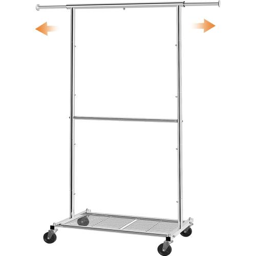 Simple Trending Standard Clothing Garment Rack, Rolling Clothes Organizer with Wheels and Bottom Shelves, Extendable, Chrome