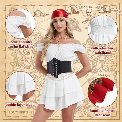 GYQMBT 5PCS Women 2XL Pirate Costume,Renaissance Romper Style Dress with Pirate Bandana Corset Accessories for Halloween Cosplay.