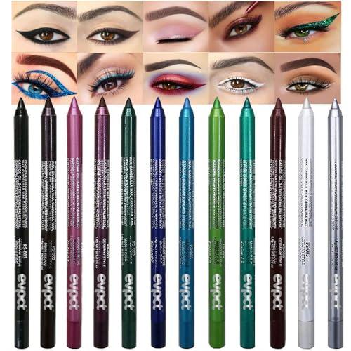 evpct 12Pcs Green Blue White Black Brown Purple Color Gel Glitter Eyeliner Pencils Set for Women Waterline Waterproof Smudge Proof lapiz de ojos delineador de ojos contra el agua Eye Liner Makeup 1-5