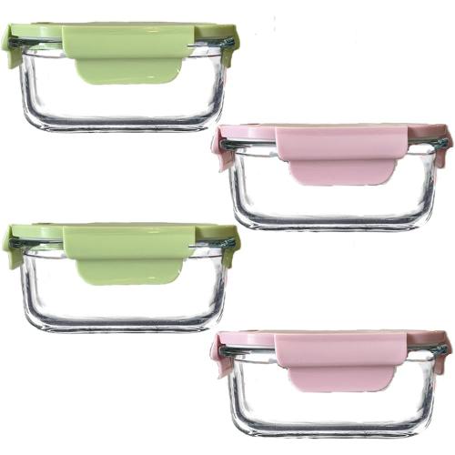 Square 2cup Glass Food Storage Containers with Airtight Lids, 16oz Glass Meal Prep Containers, Square Food Bowl For Lunch, Fruit, Snack, Dishwasher Microwave Freezer Safe (Pink Green)