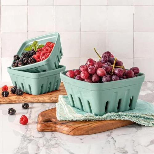 Over&Back 3-Piece Multipurpose Berry Baskets (Green) - Stackable Stoneware Fruit Bowls with Integrated Colander Strainer Holes - Farmhouse Kitchen Decor, Reusable Produce Saver