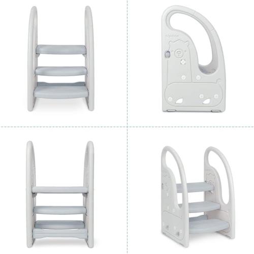 Toddler 3 Step Stool Onasti Kids Standing Tower for Toddlers Plastic Learning Helper Stool for Kitchen Counter Bathroom Sink Toilet Potty Training with Handles and Non-Slip Pads-Grey White