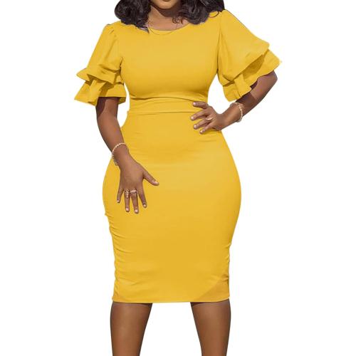 Women Elegant Midi Pencil Dress Ruffle Sleeve Round Neck Bodycon Cocktail Party Formal Dress size Medium