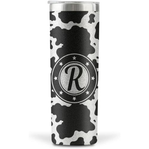 Onebttl Personalized Cow Print Gifts, Cow Gifts for Women on Birthday, Christmas - Cow Print Tumbler, Cup - Glitter Black and White 20 oz Stainless Steel Tumbler with Initial - Letter R