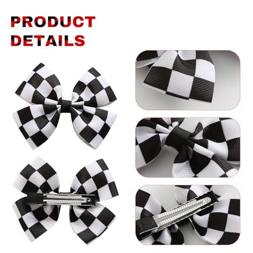 JiaDuo 4PC Racing Black and White Checkered Flag Hair Bow Clips for Girls