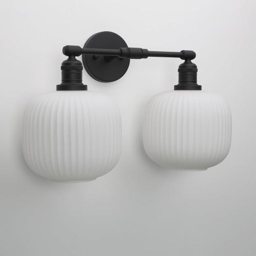 Pathson 2 Lights Milk White Globe Wall Sconce, Hardwired Antique Double Sconce for Living Room Home Decor, Striped Glass Bathroom Vanity Light, E26 Bulb Base