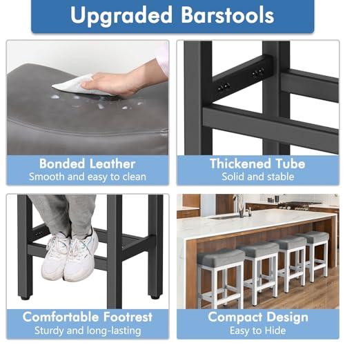 BLACK AND GREY Counter Height Bar Stools Set of 2, 24 Inch Barstools for Kitchen Island Counter, Bonded Leather Kitchen Stools with Thick Saddle Seats & Heavy Duty Metal Base, Easy Assembly, Gray/Black