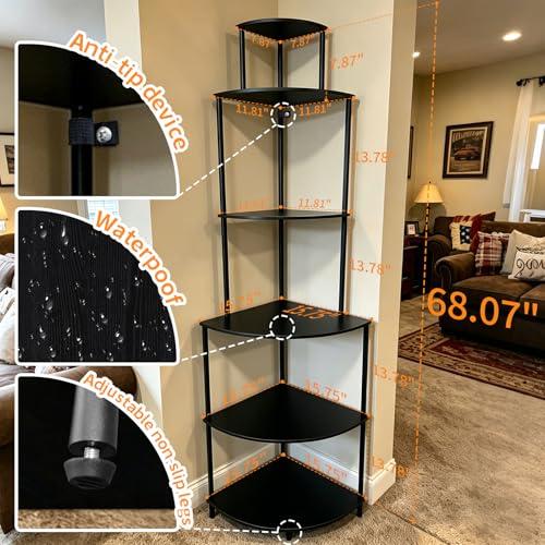6 Tier Corner Shelf Stand, Corner Bookshelf, Wood Storage Shelving Unit for Small Space, Bathroom, Bedroom, Apartment, Easy to Assemble, Rustic Brown (Black)