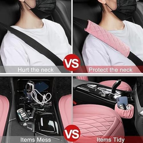 Front Car Seat Covers - Leather Seat Covers with Storage Pocket and Two Belt Pads, Anti-Slip Waterproof Universal Seat Covers for Cars Fit Cars Trucks SUV(Pink,2 Pack)