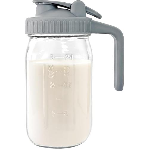 MOMCOZY Milk Pitcher Jug - 32 oz Glass Mason Jar Airtight Pitcher with Pour Spout Handle for Breastmilk, Iced Tea, Ice Drinks Storage Container