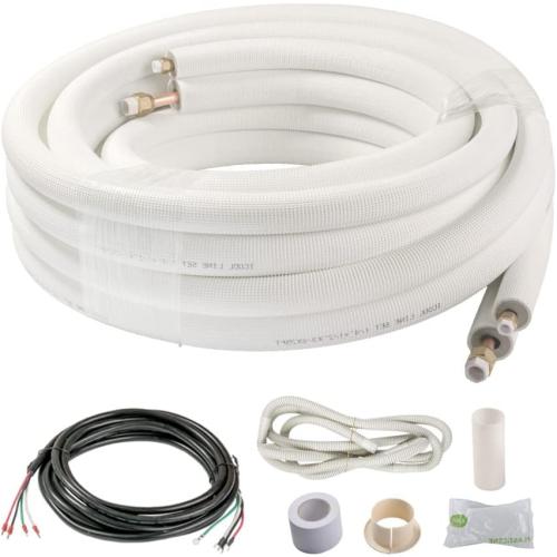 ICOOL 25 Ft. Mini Split Line Set 1/4 1/2 O.D. & 3/8 PE Thickened Insulated Coil Copper Pipes for Air Conditioner HVAC Refrigeration and Heating Equipment, with Fittings