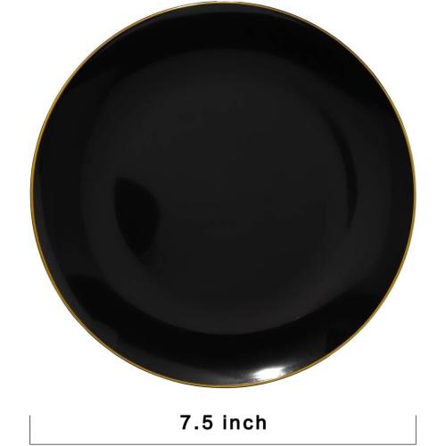 Nervure 100 Pieces Black Plastic Plates - 7.5inch Black Dessert Plates - Disposable Gold Plastic Plate - Disposable Plate Ideal for Wedding & Father's Day & New Year