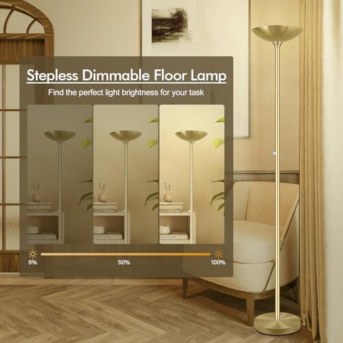 30W Torchiere Floor Lamp - 3600LM Super Bright LED Floor Lamp, 71 Inch Stepless Dimmable Standing Lamp with 3000K Lighting, Rotary Switch, Tall Metal Torch Floor lamps for Living Room/Bedroom (Gold)