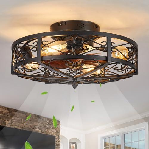 20 Caged Farmhouse Flush Mount Ceiling Fan with Light and Remote Control Bladeless Low Profile Ceiling Fans with Lights Enclosed Vintage Fan 6 Speed Reversible for Kitchen, Bedroom