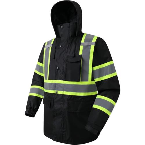 Size Large Black JKSafety Hi-Vis Reflective Safety Rain Jacket for Men Women Waterproof Rain Gears for Farming Fishing Work HV Rain Jacket with Inner Mesh Lining and Pockets