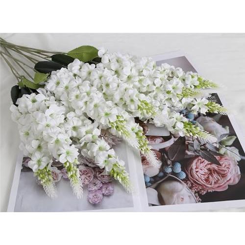 IPOPU 4PCS White Snapdragon Artificial Flowers Delphinium Artificial Silk Flowers Long Stem Hyacinth Fake Flowers for Wedding Home Outdoor Party Floral Arrangement Centerpiece Table Decoration (White)