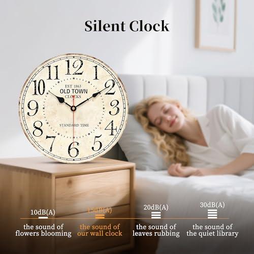 14in Antique Vintage Round Wall Clock Silent Old Town Farmhouse Home Decor