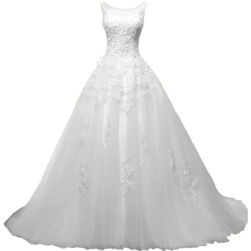 LMBRIDAL Women's Scoop Neck Pear Ball Gown Wedding Dress Lace Bridal Gown White 14