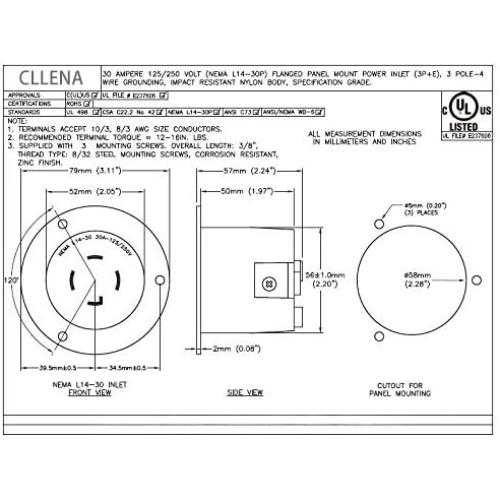 Cllena NEMA L14-30 Flanged Generator Power Inlet/Outlet Receptacle Socket with Cover 30 Amp 125/250V 7500W (Black)