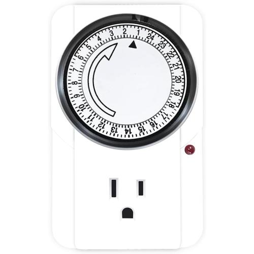 24 Hour Plug-in Mechanical Timer Grounded for Aquarium, Grow Light, Hydroponics, Indoor Lighting, Home Appliances, ETL Listed 125VAC, 60 Hz, 1875W, 15A, 1/2HP