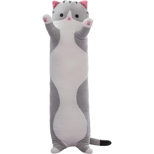 Cute Cat Plush Long Body Pillow – Soft Cartoon Stuffed Animal Doll, Kawaii Cat Plushie Valentines Day Gifts for Kids, Girls & Girlfriend (Gray, 19.7 Inch)