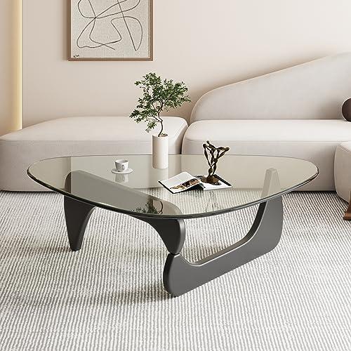 Triangle Coffee Table in Walnut Mid Century Modern Solid Wood Base and Triangle Clear Glass Coffee Table for Living Room Low Minimalist Tea Table Coffee Tables (36 * 25.6 * 16, Black Transparent)
