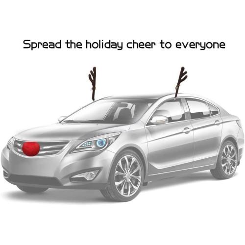Christmas Car Decoration Plush Rudolf Reindeer Car Antler and Red Nose Set with Jingle Bells, Reindeer Antlers for Cars