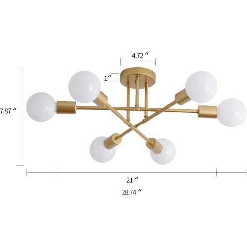 Gold Modern Sputnik Chandelier Ceiling Light Fixtures,6-Lights Industrial Metal Semi Flush Mount Ceiling Light for Bedroom Dining Room Living Room Kitchen Hallway UL Listed